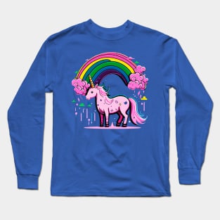 Pink cute unicorn in rainbow Long Sleeve T-Shirt